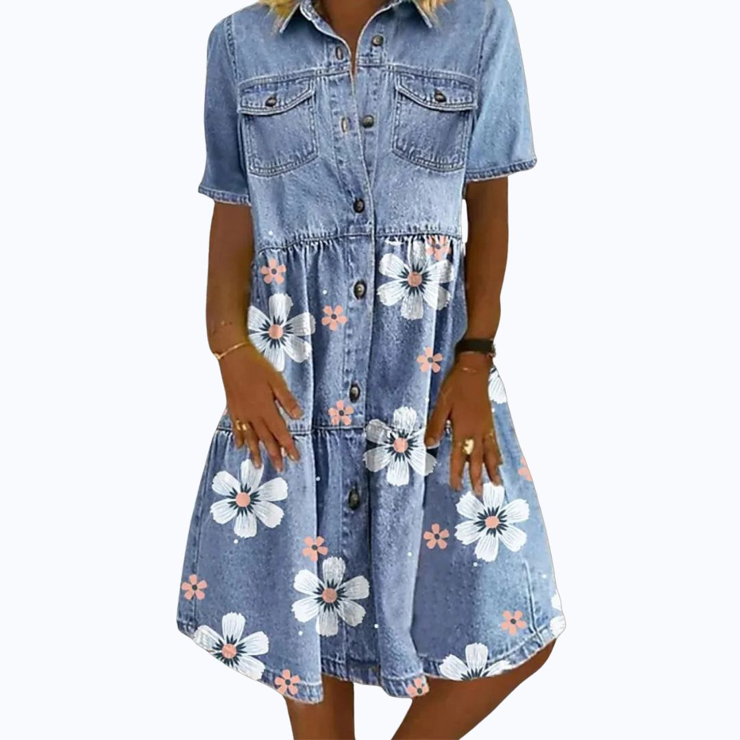Maria | Damen Jeanskleid mit Knopfleiste und Blumenprint