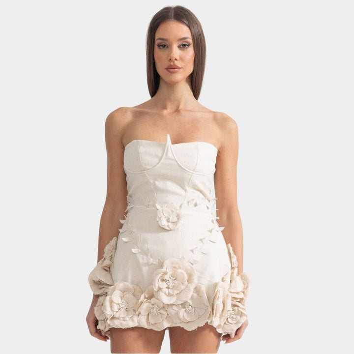 Alice | Trägerloses Minikleid mit 3D-Blüten für Frauen