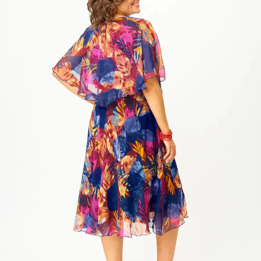 Talina | Leichtes Midikleid mit Cape-Overlay und buntem Print für Frauen