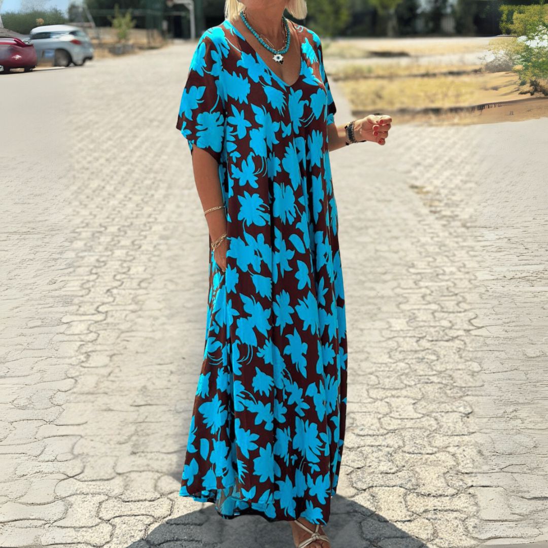 Dorotea | Weit geschnittenes Maxikleid mit Blumenprint und V-Ausschnitt für Frauen