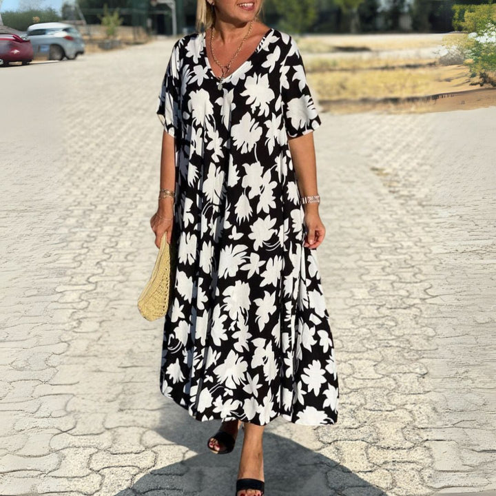 Dorotea | Weit geschnittenes Maxikleid mit Blumenprint und V-Ausschnitt für Frauen