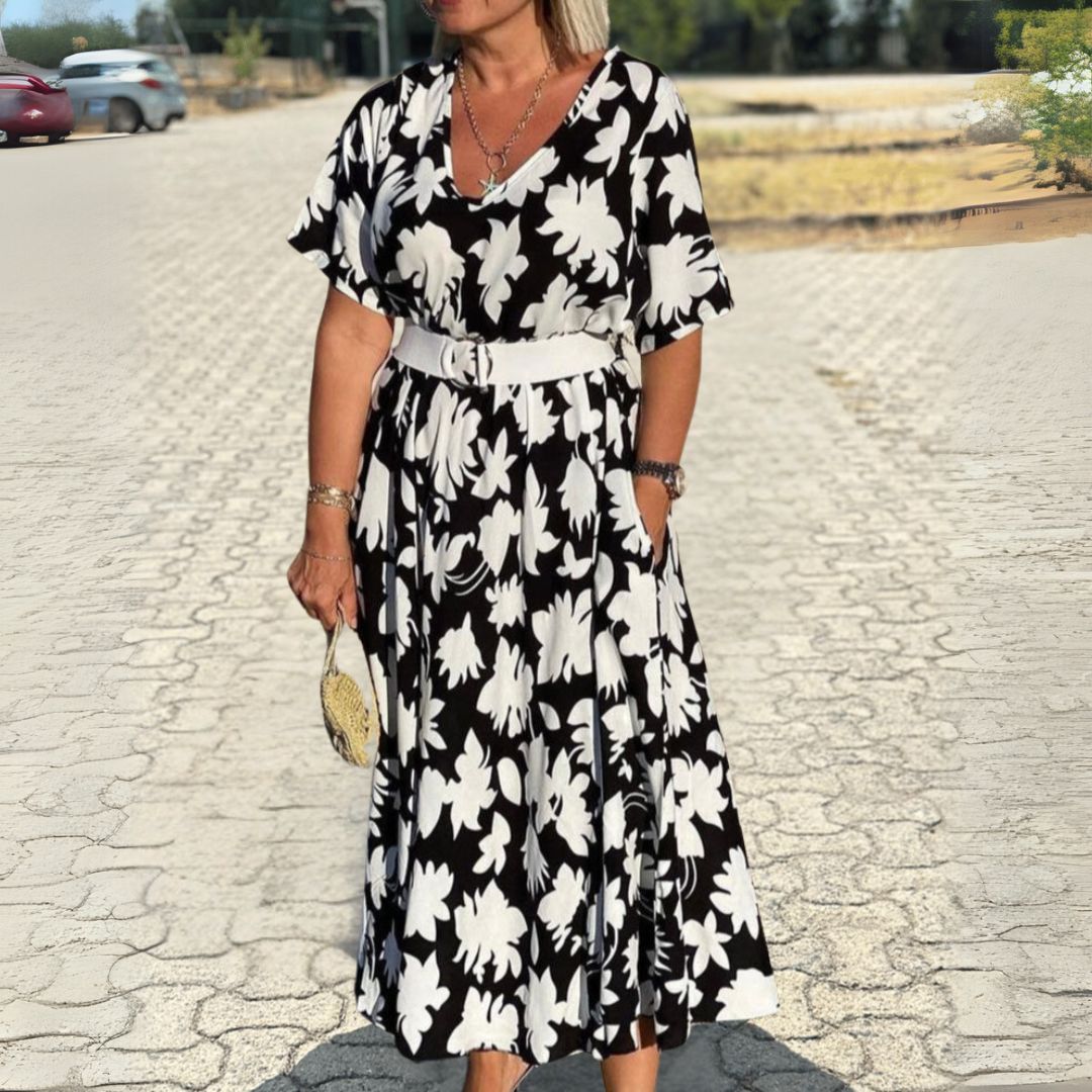 Dorotea | Weit geschnittenes Maxikleid mit Blumenprint und V-Ausschnitt für Frauen