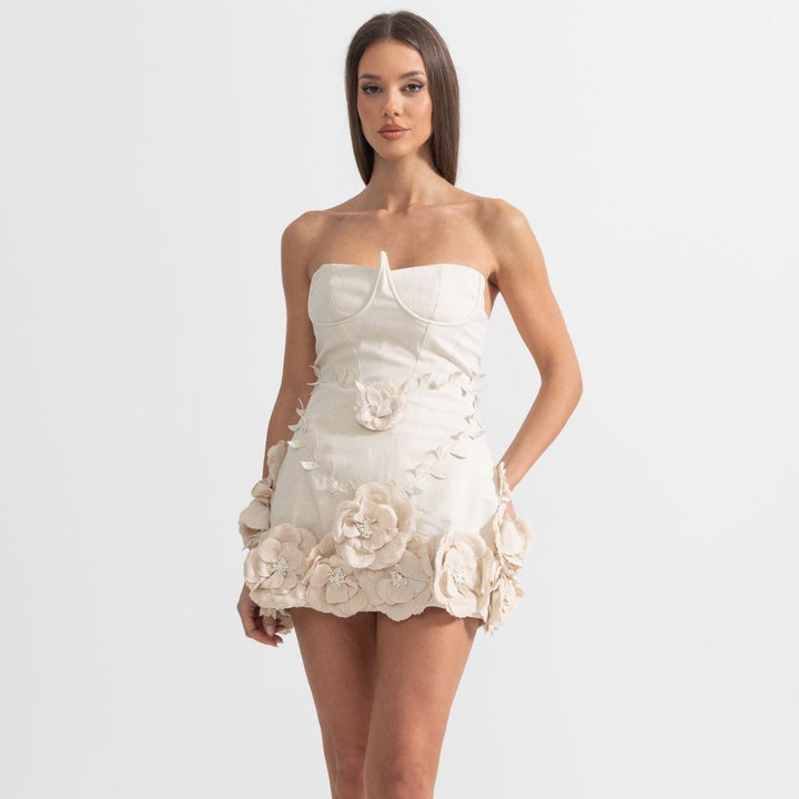 Alice | Trägerloses Minikleid mit 3D-Blüten für Frauen