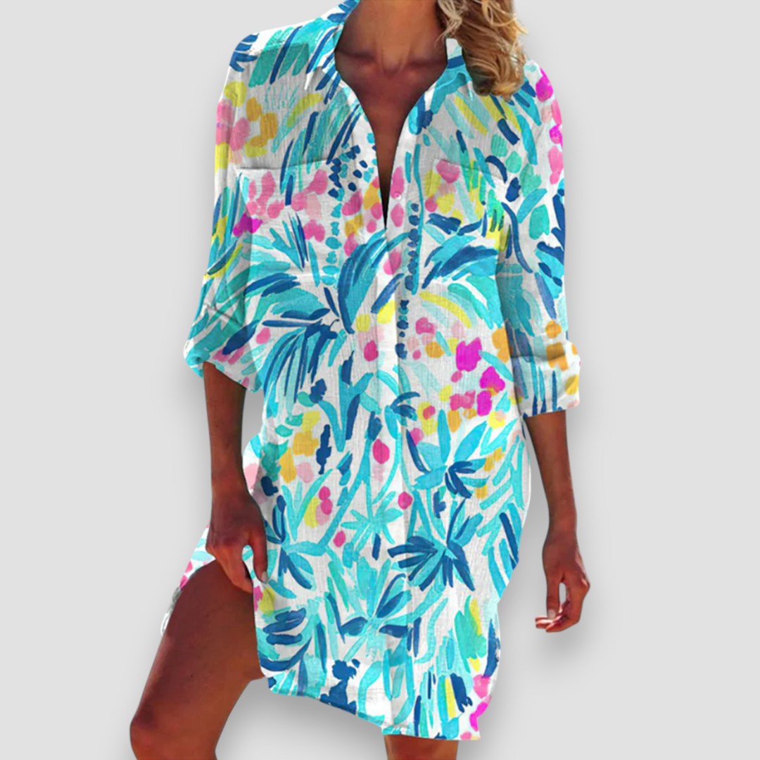 Malia | Damen Strandkleid Hemdblusenstil mit Seesternprint