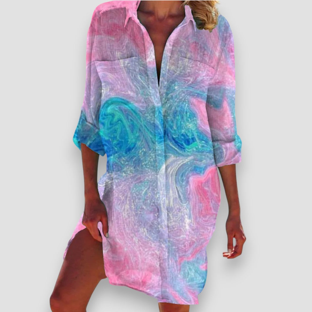Malia | Damen Strandkleid Hemdblusenstil mit Seesternprint