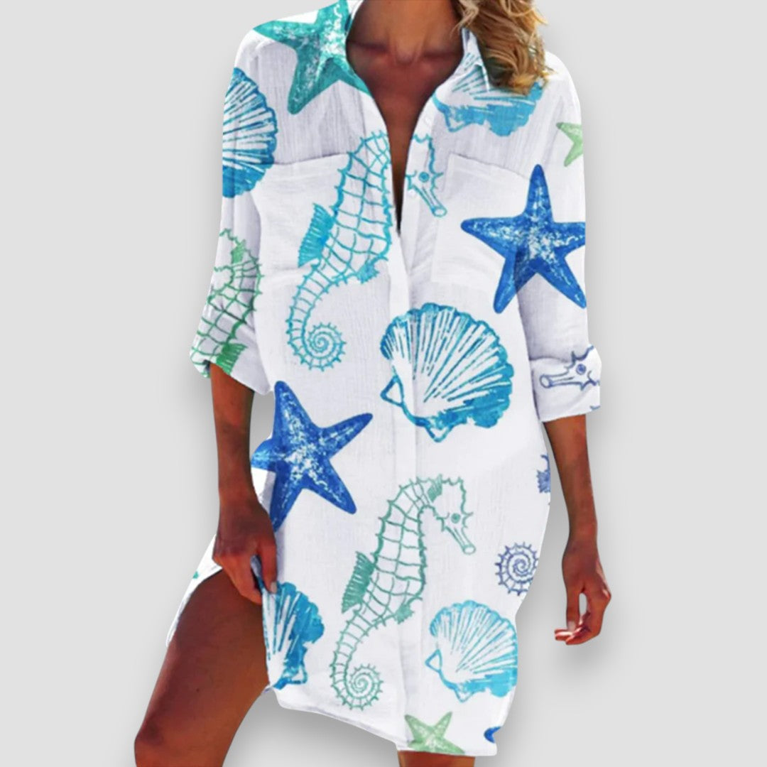Malia | Damen Strandkleid Hemdblusenstil mit Seesternprint