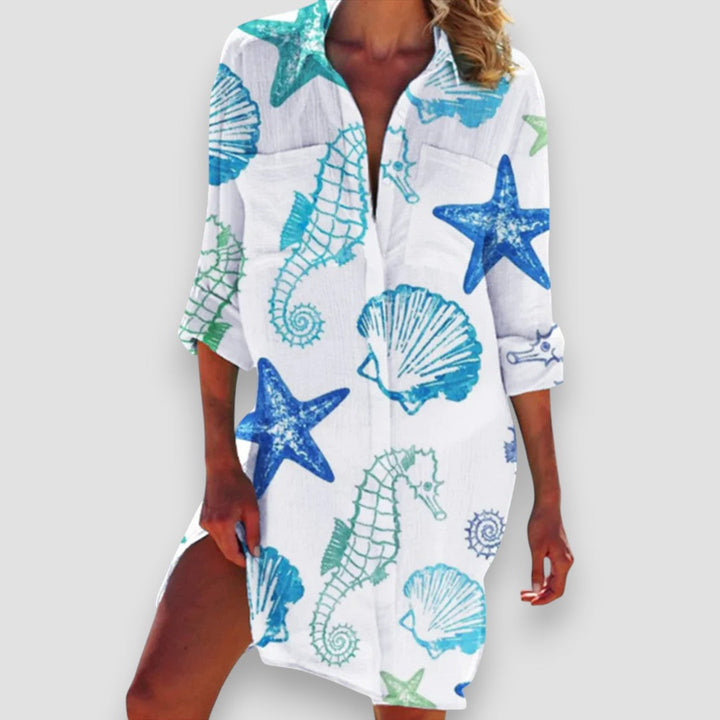 Malia | Damen Strandkleid Hemdblusenstil mit Seesternprint