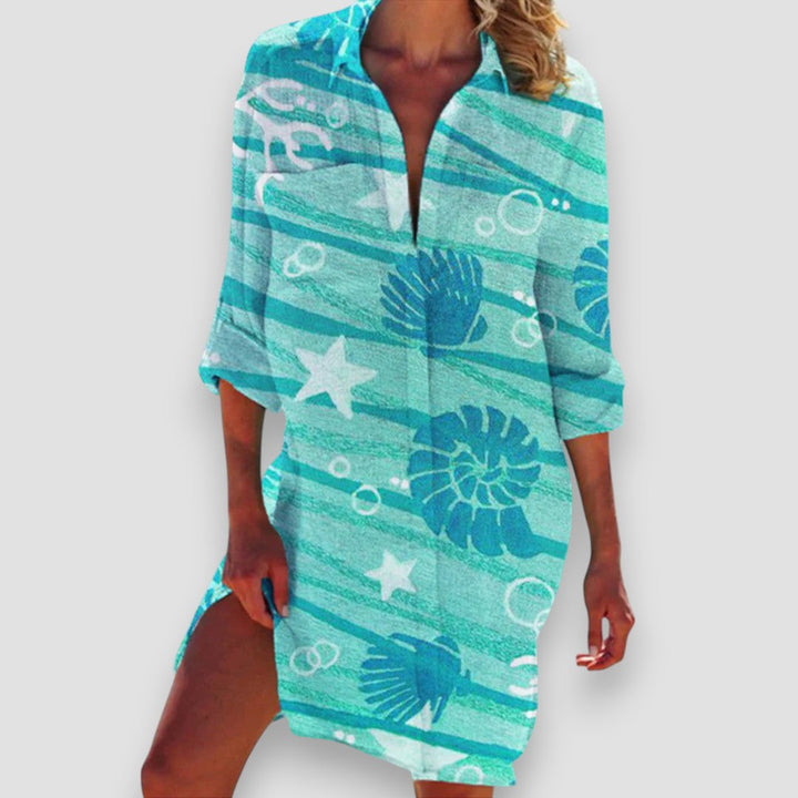 Malia | Damen Strandkleid Hemdblusenstil mit Seesternprint