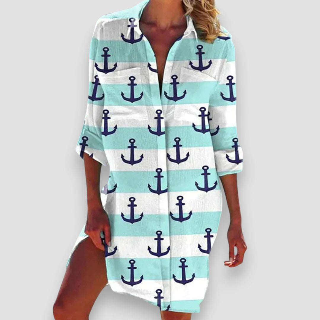 Malia | Damen Strandkleid Hemdblusenstil mit Seesternprint