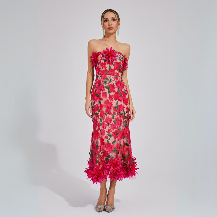 Lorena | Damen Midikleid Trägerlos mit 3D-Blumenapplikation
