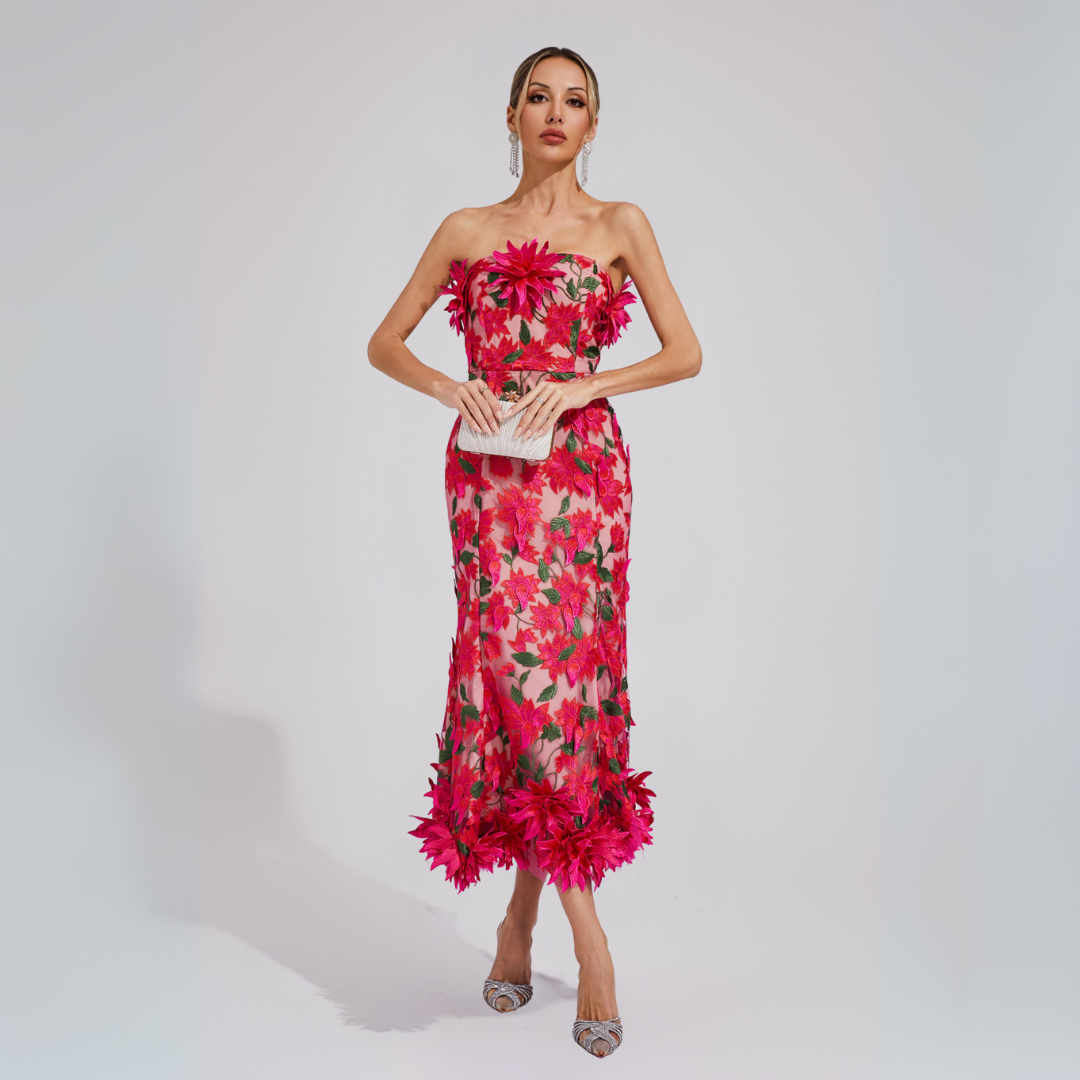 Lorena | Damen Midikleid Trägerlos mit 3D-Blumenapplikation