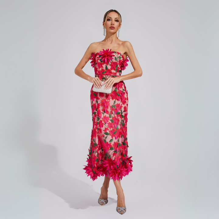 Lorena | Damen Midikleid Trägerlos mit 3D-Blumenapplikation