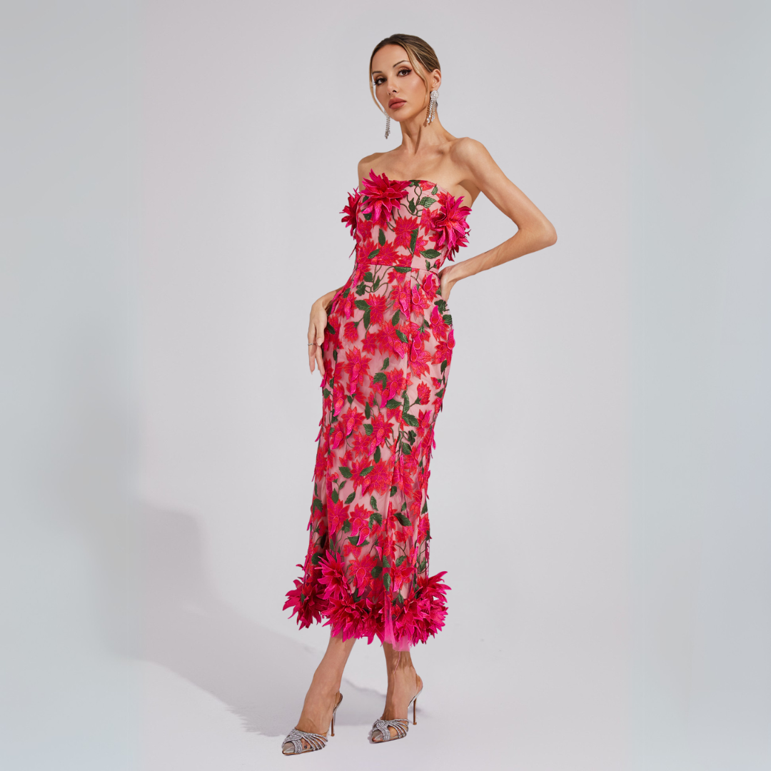 Lorena | Damen Midikleid Trägerlos mit 3D-Blumenapplikation