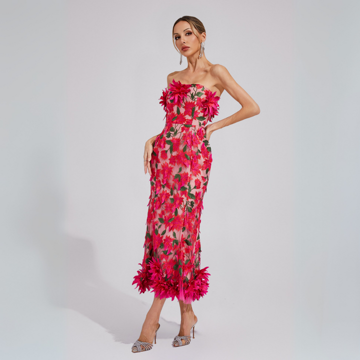 Lorena | Damen Midikleid Trägerlos mit 3D-Blumenapplikation