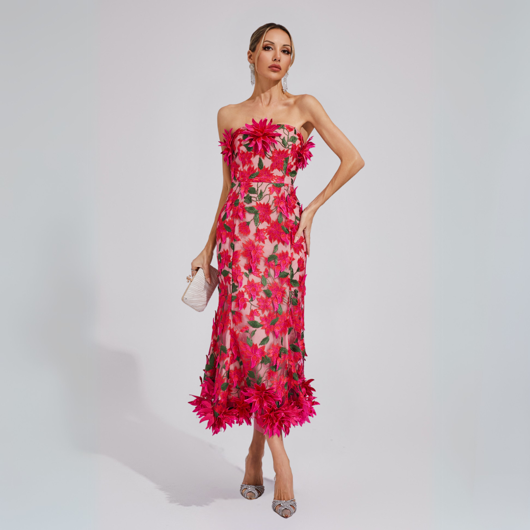 Lorena | Damen Midikleid Trägerlos mit 3D-Blumenapplikation