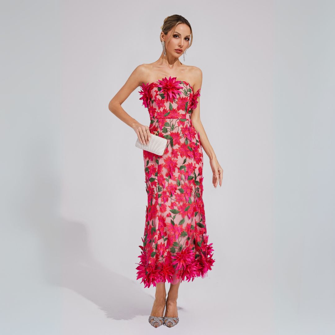 Lorena | Damen Midikleid Trägerlos mit 3D-Blumenapplikation