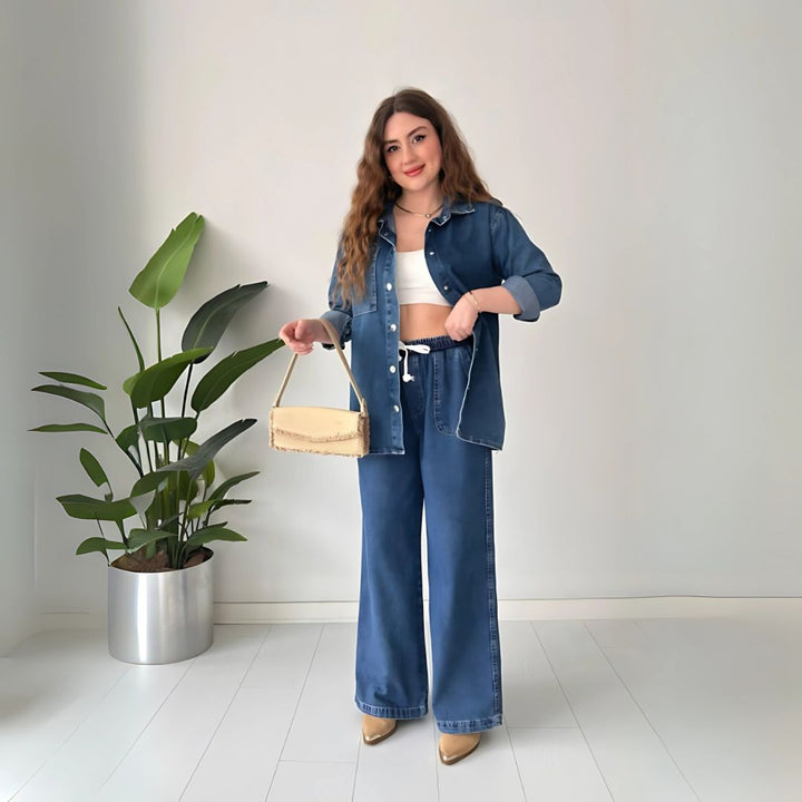 Maika | Weites Jeans-Zweiteiler-Set mit Hemdjacke für Frauen