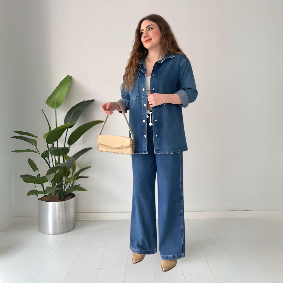 Maika | Weites Jeans-Zweiteiler-Set mit Hemdjacke für Frauen