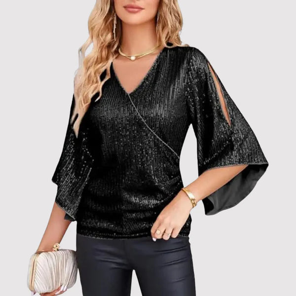 Merle | Glitzerbluse mit V-Ausschnitt und Schmetterlingsärmeln