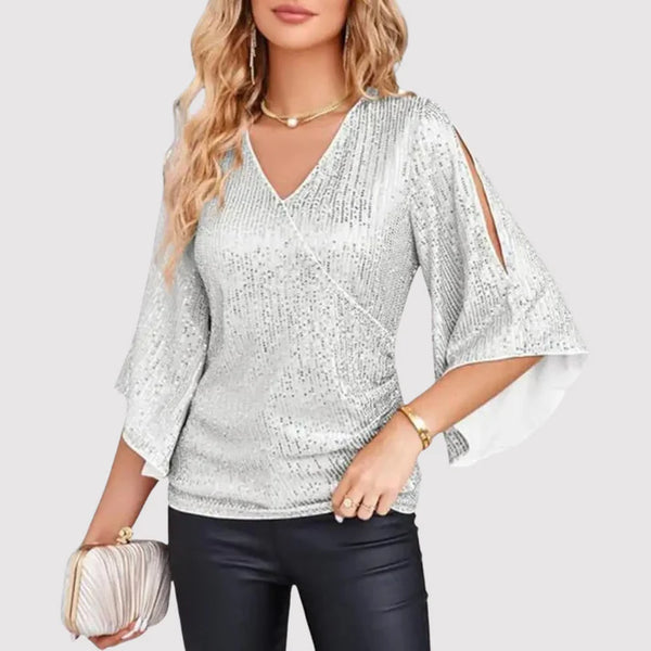 Merle | Glitzerbluse mit V-Ausschnitt und Schmetterlingsärmeln