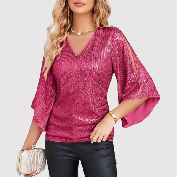 Merle | Glitzerbluse mit V-Ausschnitt und Schmetterlingsärmeln