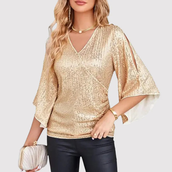 Merle | Glitzerbluse mit V-Ausschnitt und Schmetterlingsärmeln