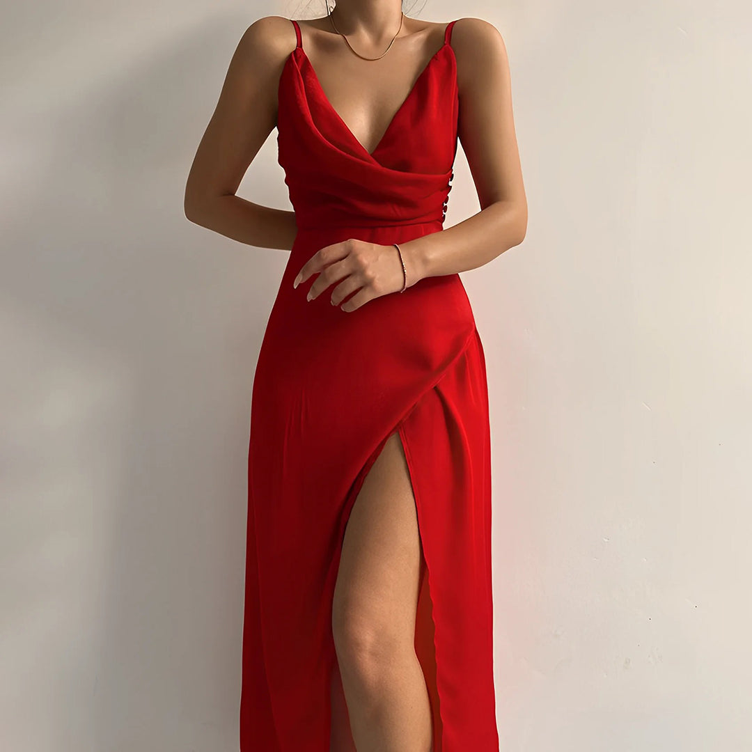 Isabelle | Damen Maxikleid Elegant mit Schlitz und V-Ausschnitt