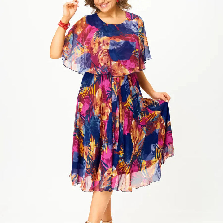 Talina | Leichtes Midikleid mit Cape-Overlay und buntem Print für Frauen