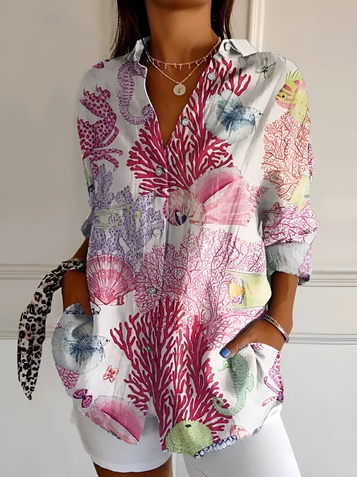 Tiara | Damen Sommerbluse Langarm Korallenprint